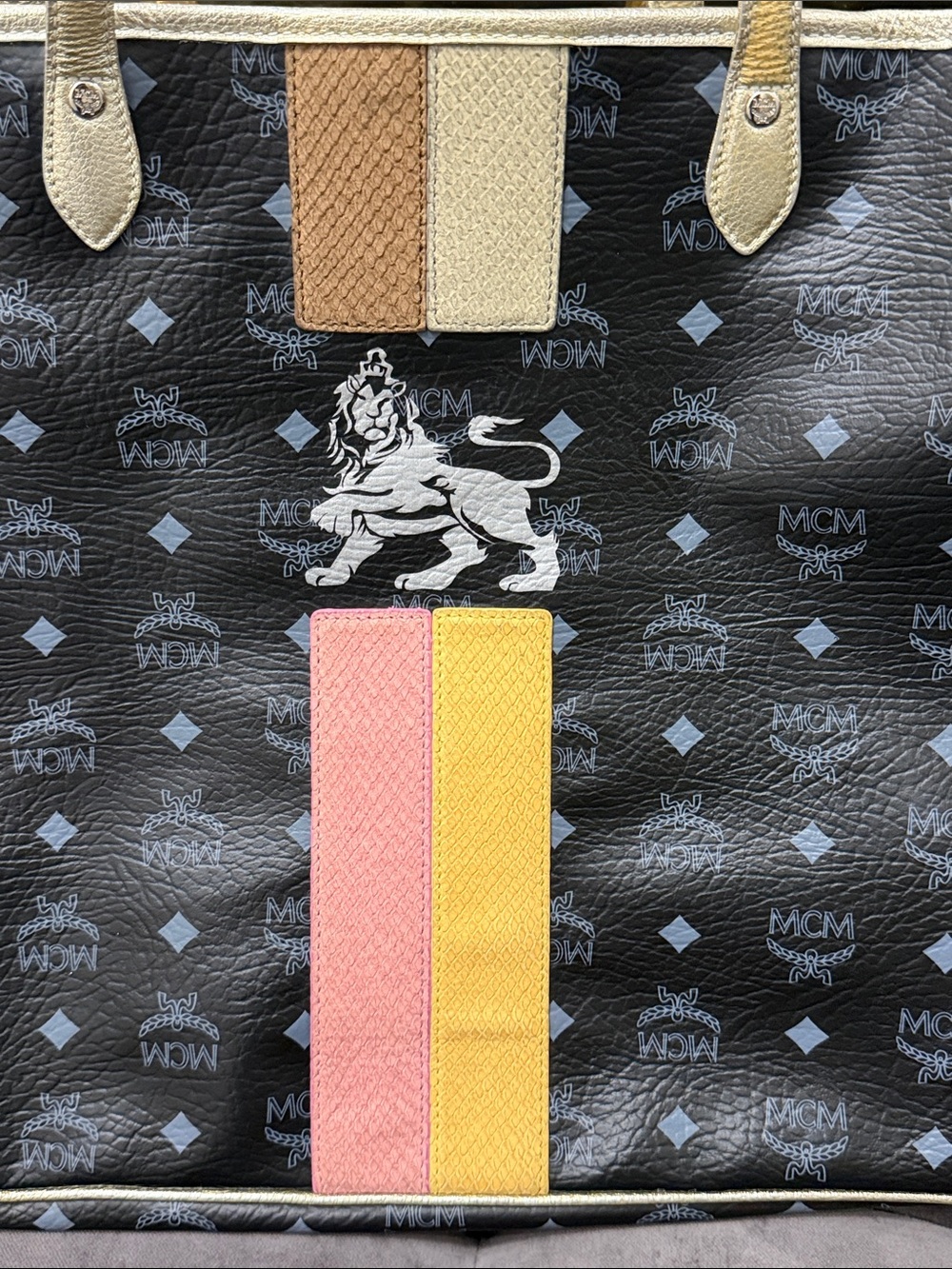 MCM Black Logo Tote with Pink and Yellow Stripe and Silver/Gold Trim - Picture 2 of 10